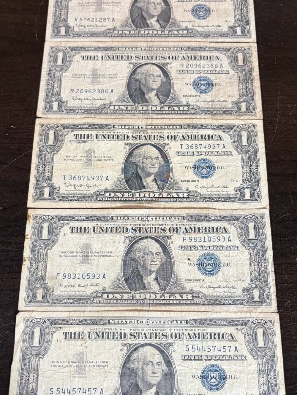 5 Vintage US Silver Certificate One Dollar Bills Blue Seal Circulated Currency